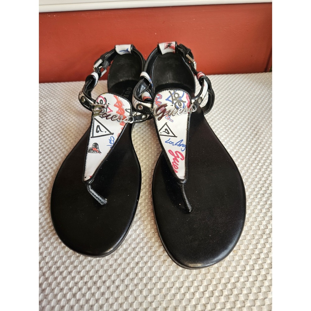 GUESS Los Angeles Graffiti Doodle T-Strap Flat Sandals Black White Size 11M